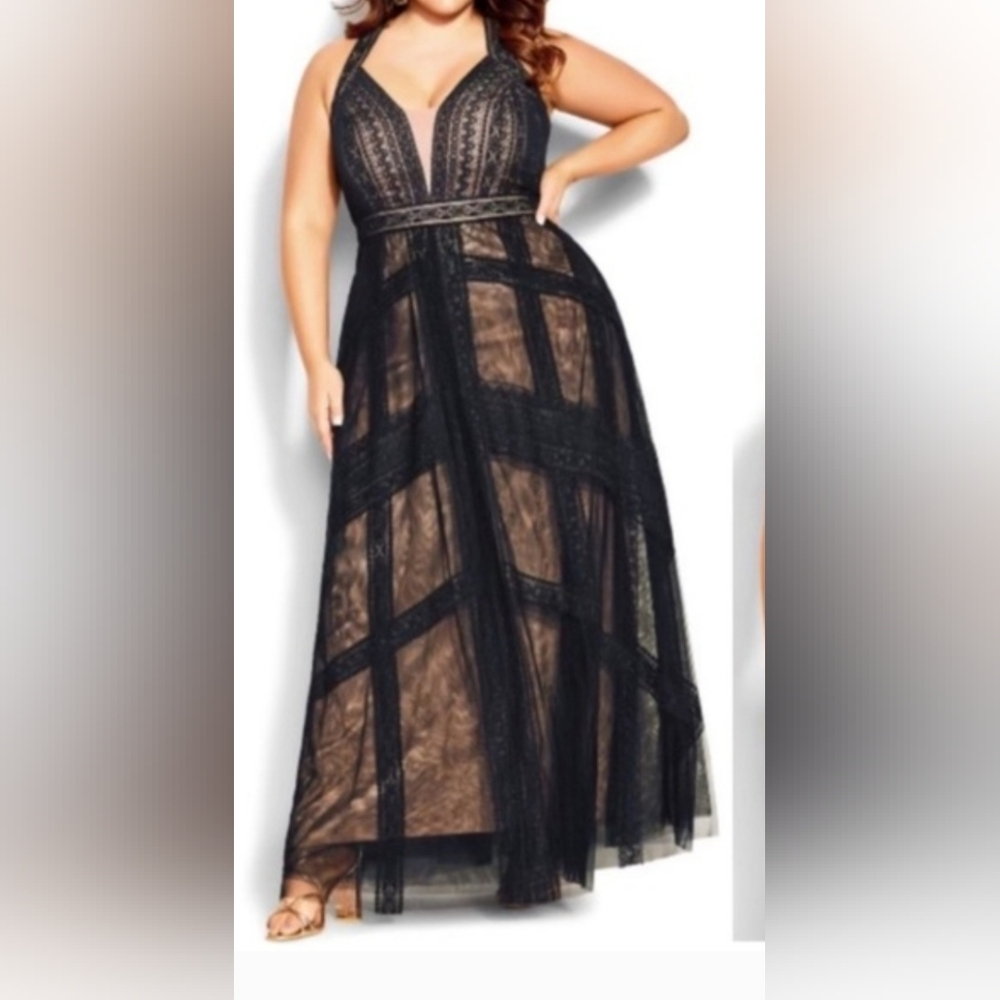 City Chic Navy Lace Plunge Midi Dress